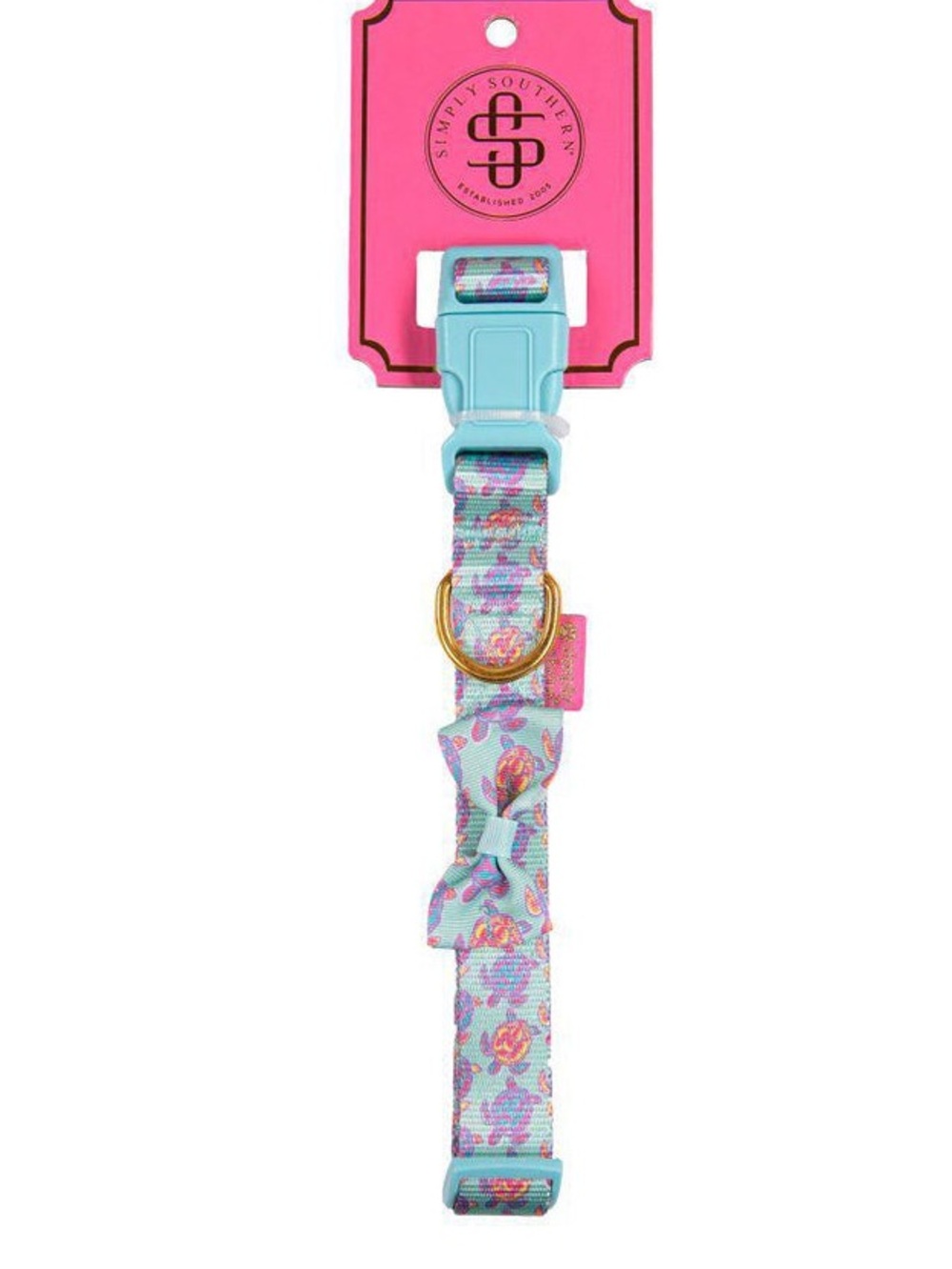 Simply Southern Aqua Turtle Bow Dog Collar with Gold D-Ring & Plastic Buckle